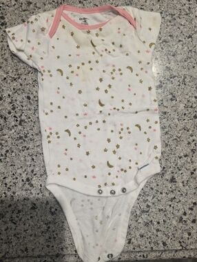 Gerber White One-Piece Bodysuit with Pink Trim & Gold Star Moon Print